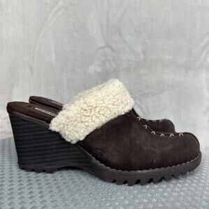 Y2K Skechers Wedge Heel Mules Womens 8 Brown Suede Faux Fur Slip On Shoes Comfy